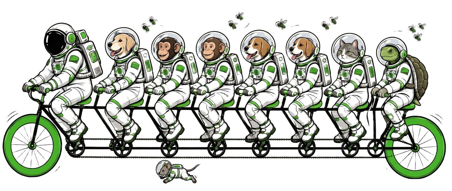 Bisiklette astronot Kamil, köpekler, maymunlar, kediler ve kaplumbağa; çevrelerinde meyve sinekleri ve altta uzay faresi